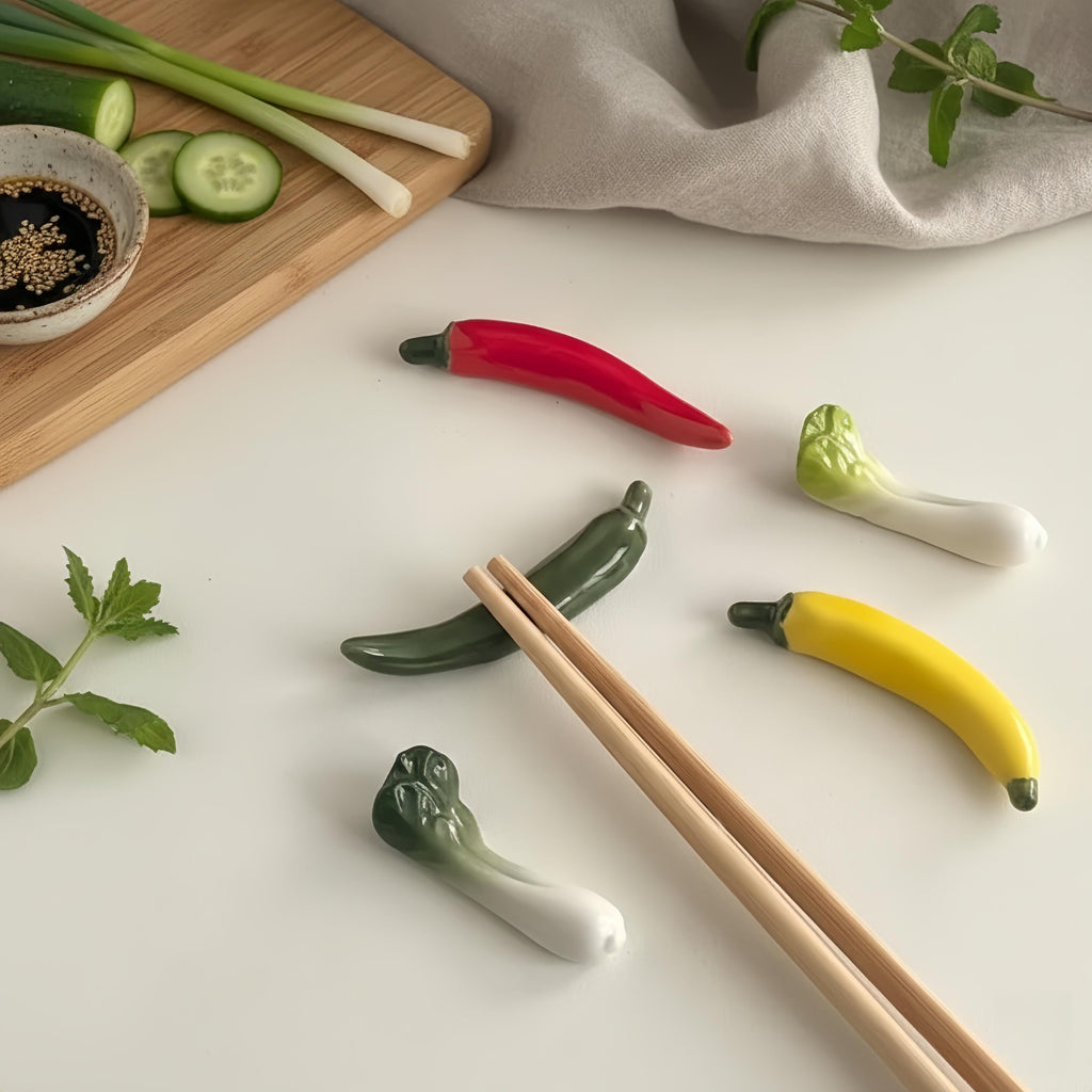 Kawaii Vegetable Ceramic Chopstick Rest | Chili & Bok Choy Spoon Holder