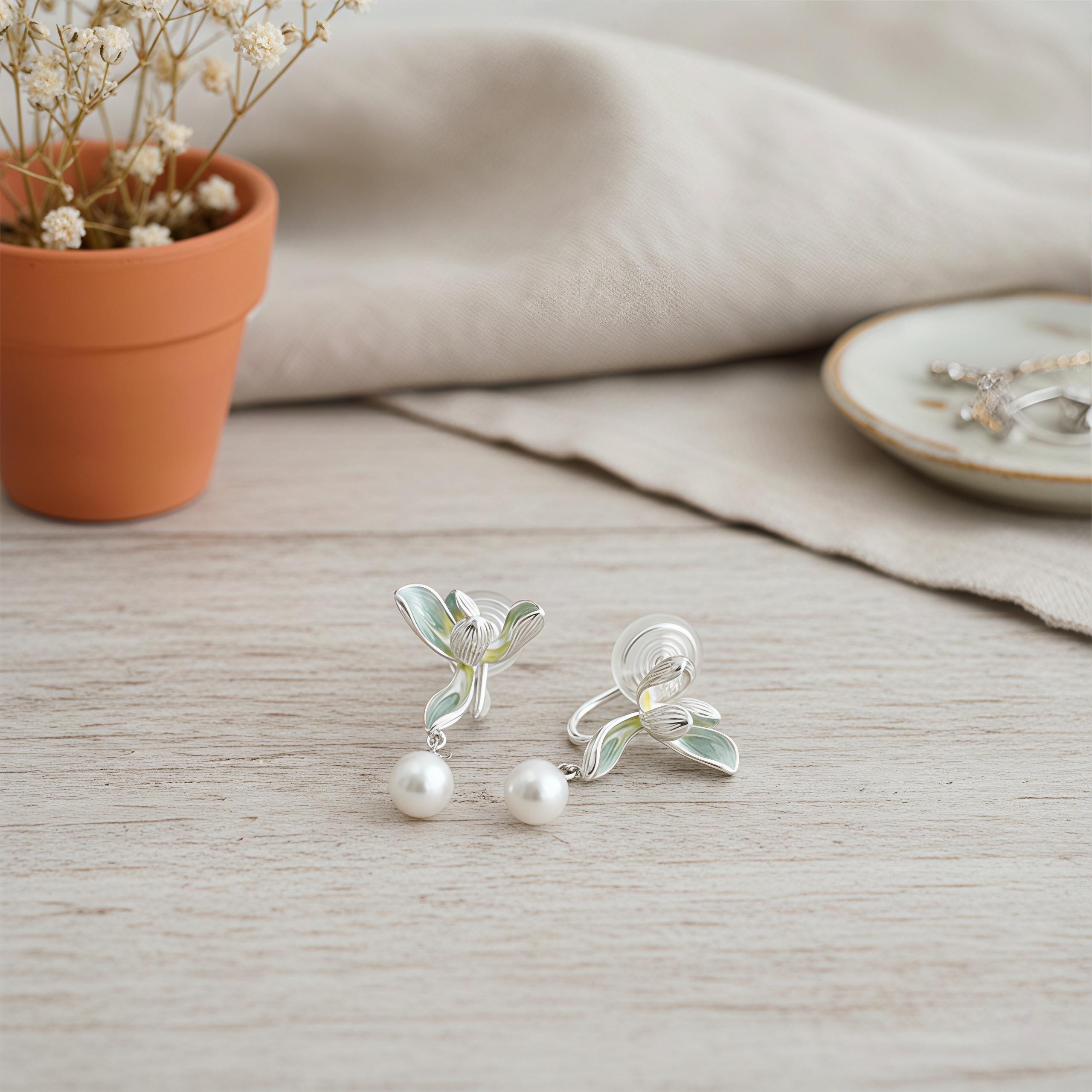 Gradient Green Orchid Dangle Earrings – Enamel Flower Earrings with Pearl Drops