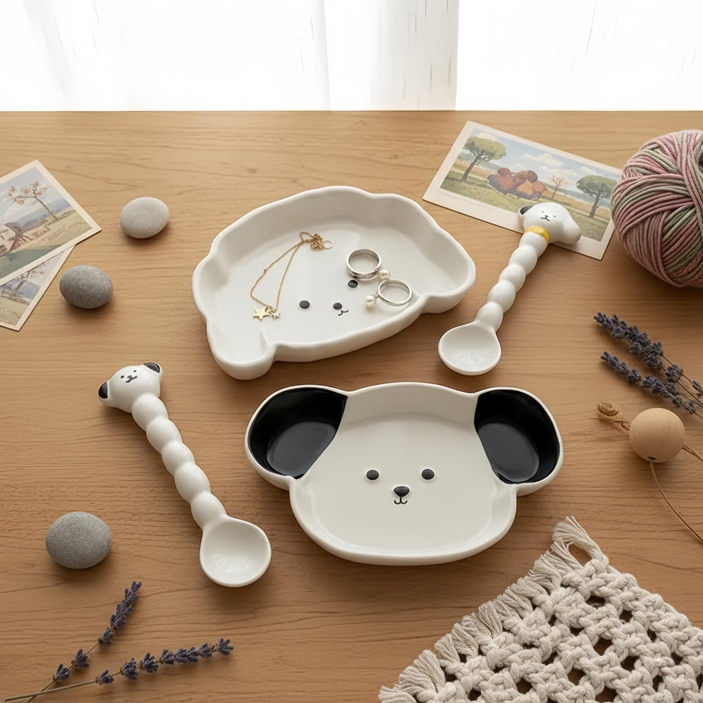 Kawaii Dog Ceramic Tableware | Puppy Shaped Plate & Spoon | Dog Lover Gift