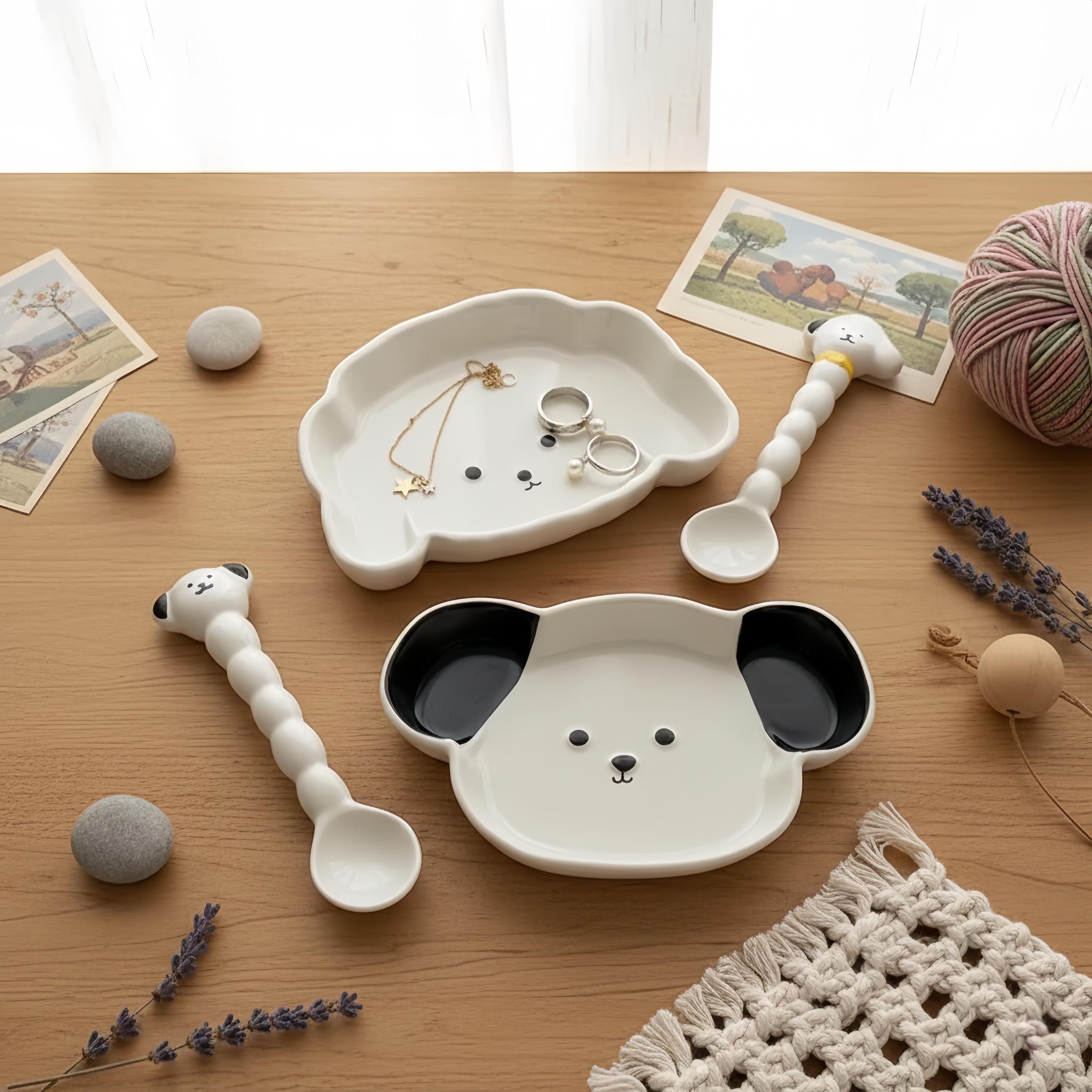 Kawaii Dog Ceramic Tableware | Puppy Shaped Plate & Spoon | Dog Lover Gift