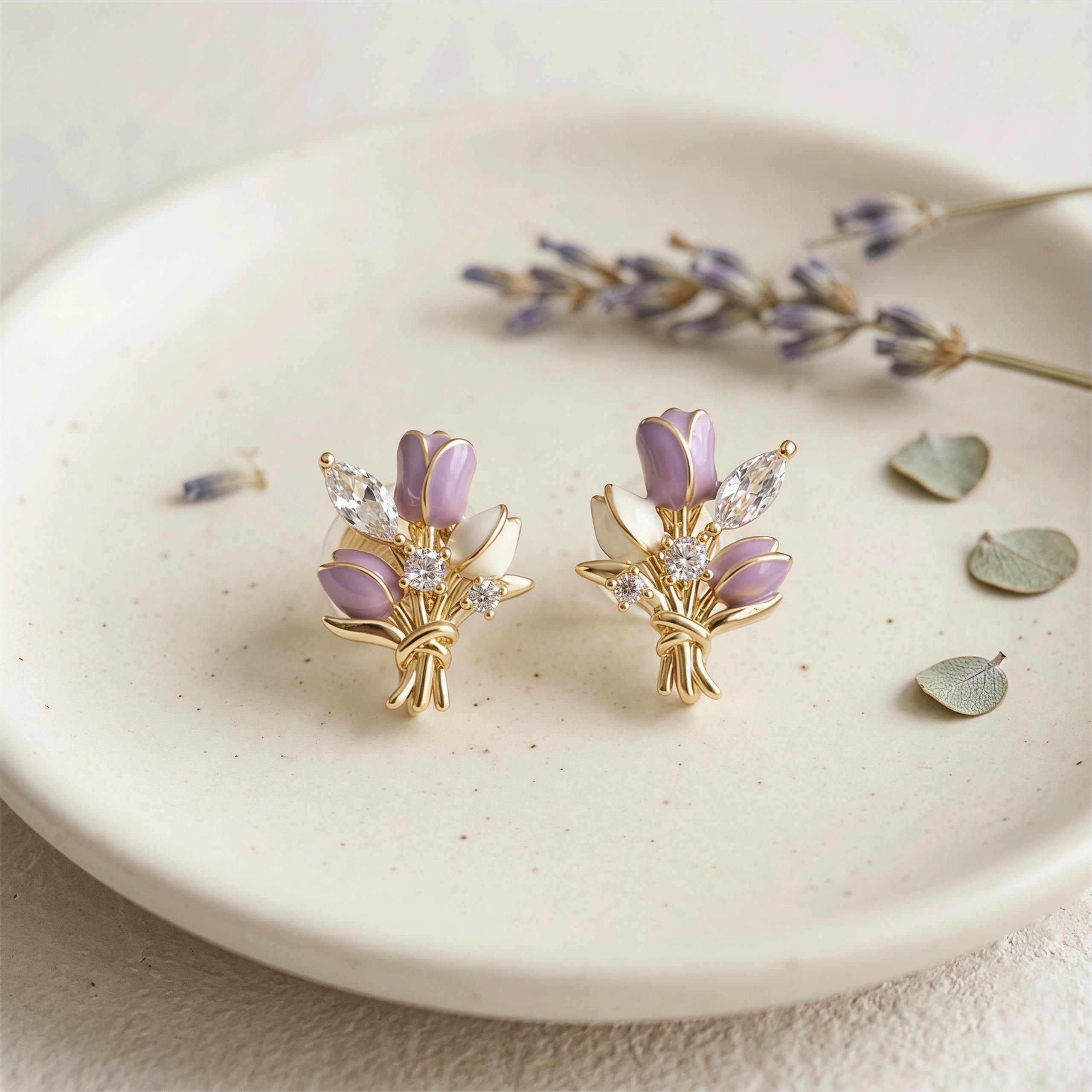 Purple Tulip Bouquet Stud Earrings – Enamel Flower & Zirconia, 18K Gold Plated Floral Jewelry