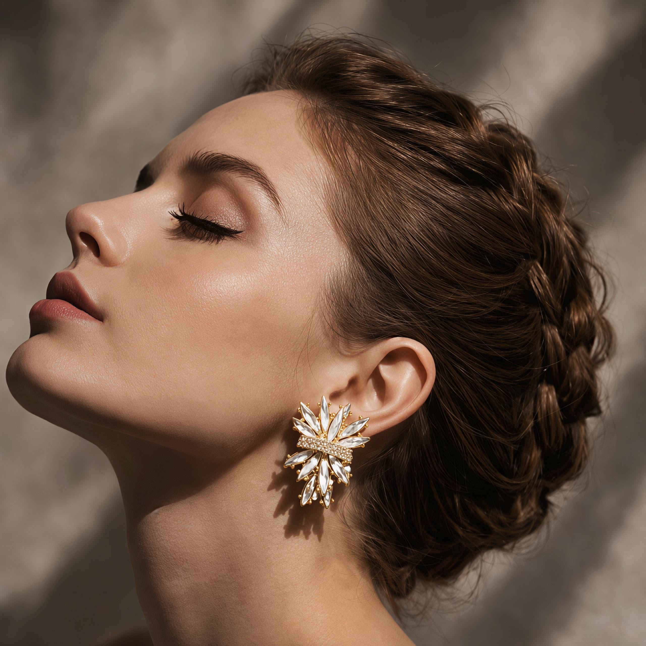 French Vintage Crystal Flower Earrings – Champagne & Clear Ice Bloom Statement Studs