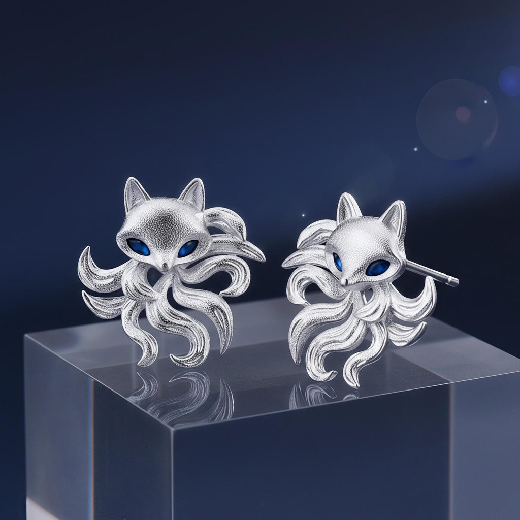 Matte Nine-Tailed Fox Stud Earrings – Silver Fox Earrings with Blue Zircon Eyes