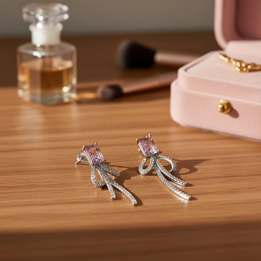 Pink Zircon Bow Earrings – Romantic Bow Drop Earrings