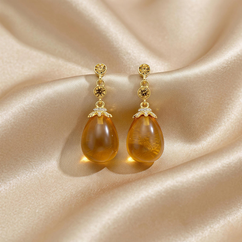 Amber Teardrop Earrings – Vintage Gold Shell & Long Drop Earrings – Elegant Statement Jewelry