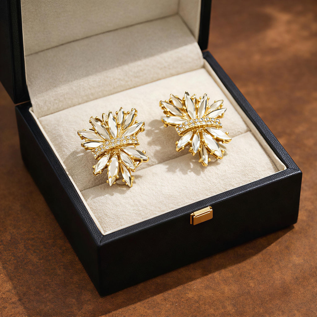 French Vintage Crystal Flower Earrings – Champagne & Clear Ice Bloom Statement Studs