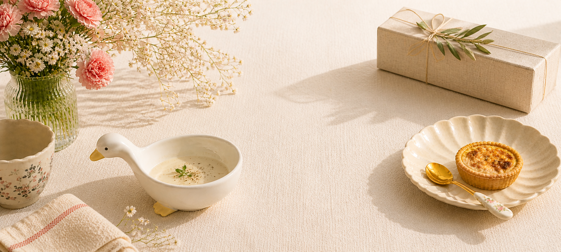 Cute ceramic tableware set with duck bowl, floral mug, and dessert plate on soft neutral background