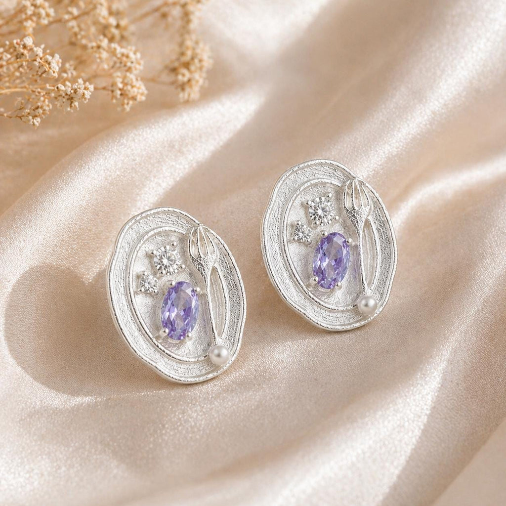 Silver Fork Earrings – Purple Gemstone & Pearl Utensil Stud Earrings