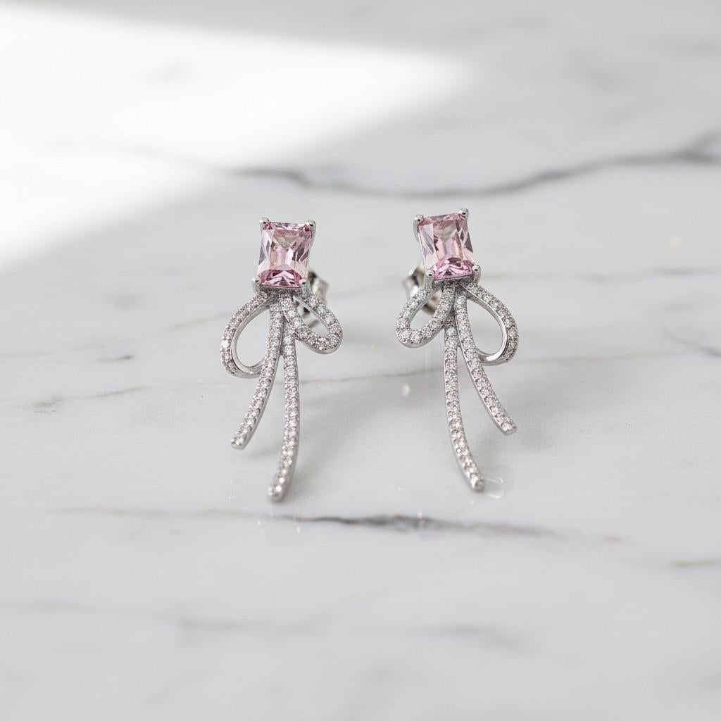 Pink Zircon Bow Earrings – Romantic Bow Drop Earrings