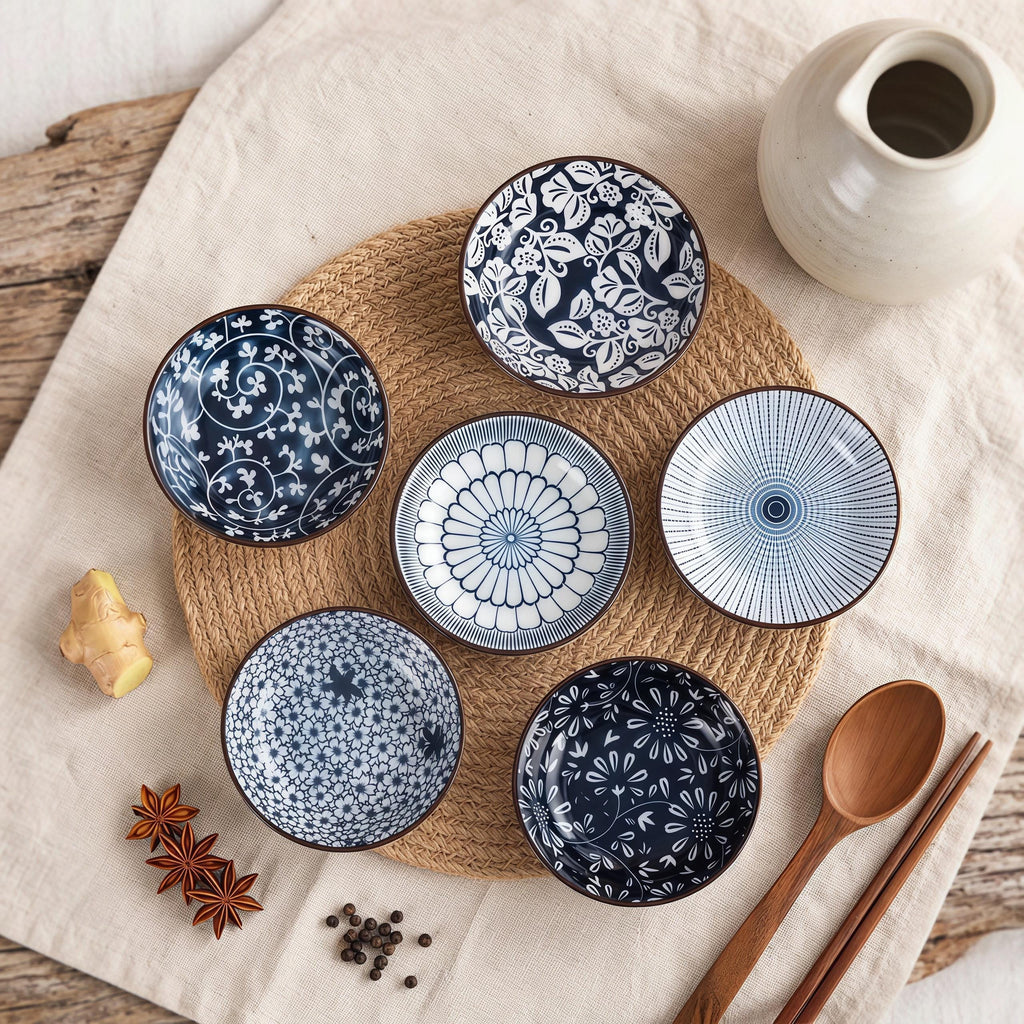 Blue & White Japanese Sauce Dishes Set of 6 | 4.1" Ceramic Dipping Bowl | Floral Pattern Dish