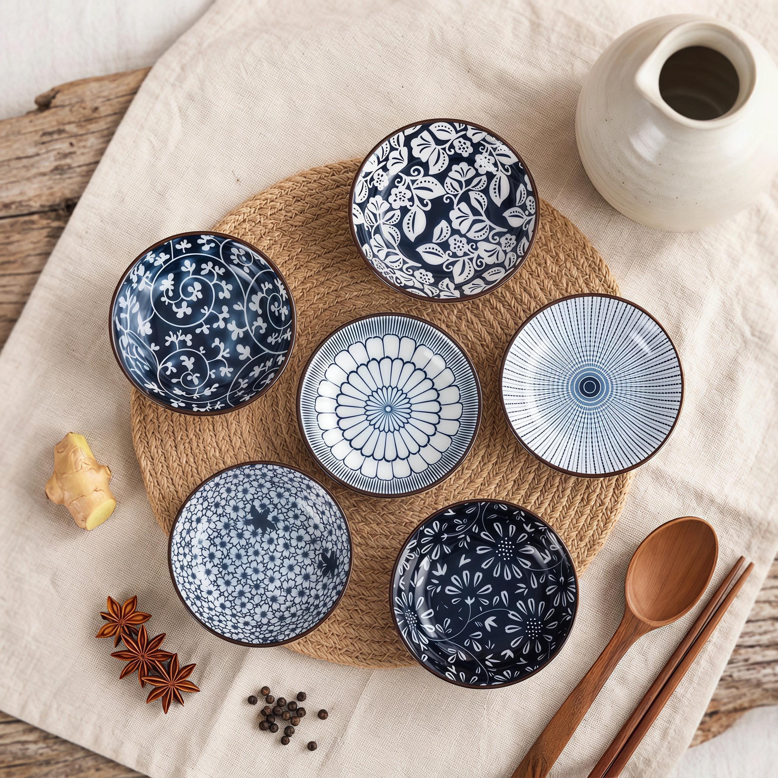Blue & White Japanese Sauce Dishes Set of 6 | 4.1" Ceramic Dipping Bowl | Floral Pattern Dish