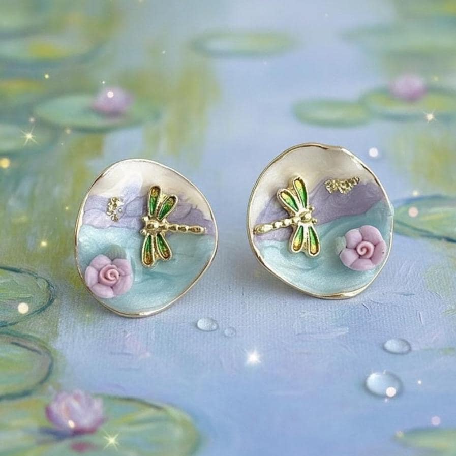 Monet Dragonfly Enamel Earrings – Impressionist Dragonfly & Ceramic Rose Earrings