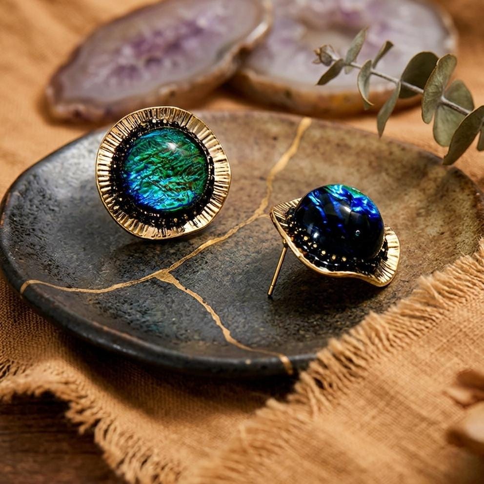 Vintage Gold Foil Glass Stud Earrings – Round Art Glass Statement Earrings
