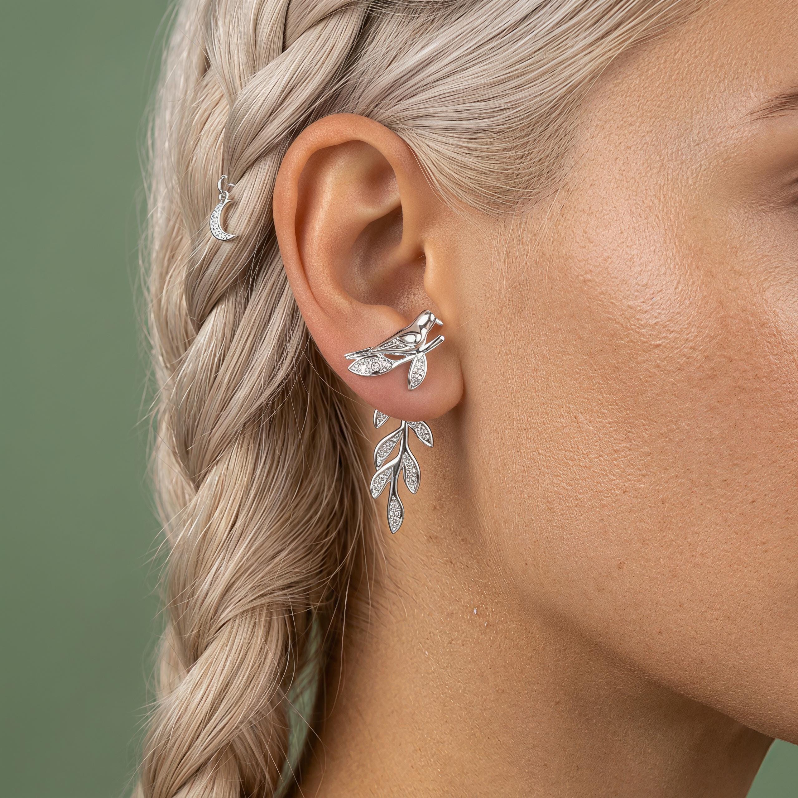 Silver Bird Branch Dangle Earrings – CZ Leaf Drop Earrings