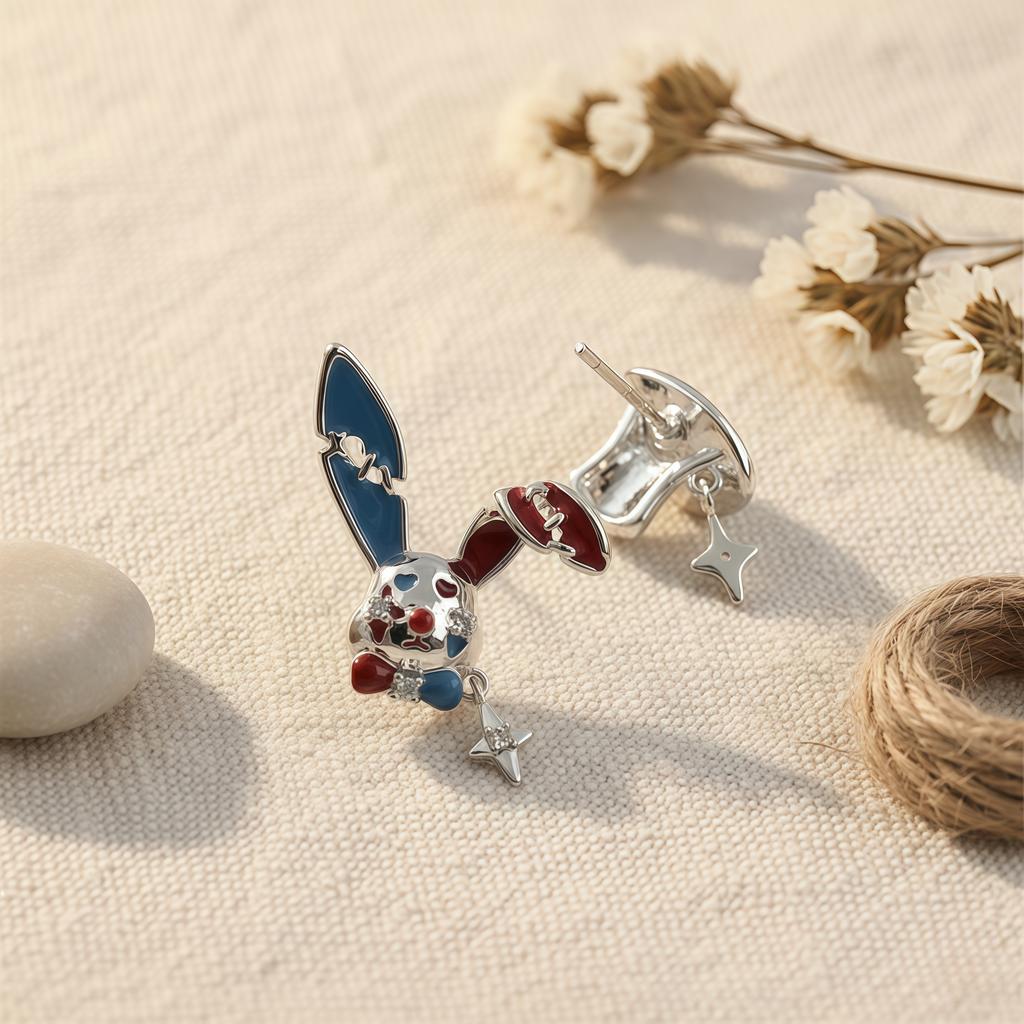 Mad Hatter Wonderland Earrings | Asymmetrical Red & Blue Enamel Studs | Rabbit and Hat Design