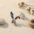 Mad Hatter Wonderland Earrings | Asymmetrical Red & Blue Enamel Studs | Rabbit and Hat Design