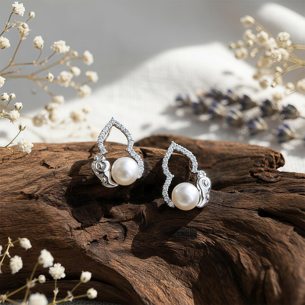 Freshwater Pearl Hulu Stud Earrings – Auspicious Cloud Gourd Earrings