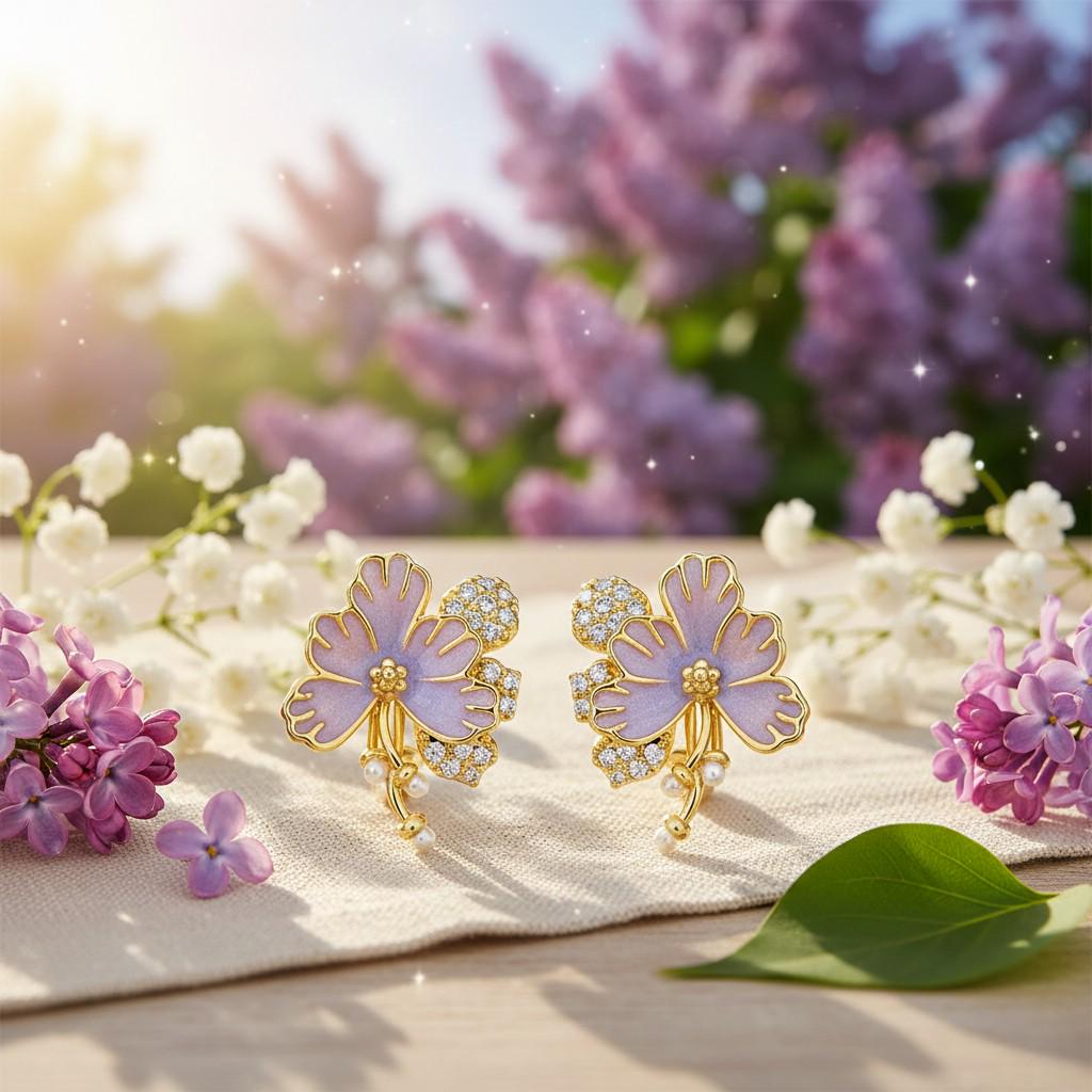 Hand-Enameled Lilac Earrings – Floral Pearl Drop Earrings