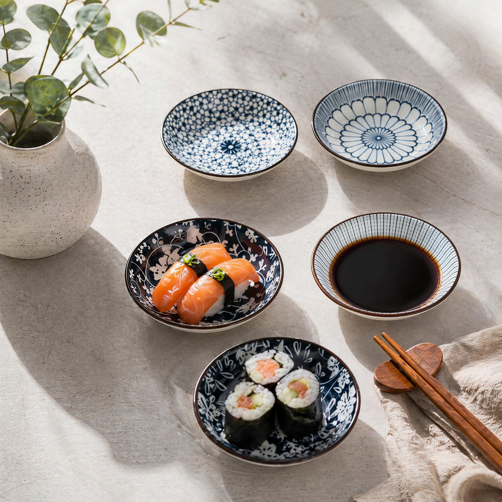 Blue & White Japanese Sauce Dishes Set of 6 | 4.1" Ceramic Dipping Bowl | Floral Pattern Dish