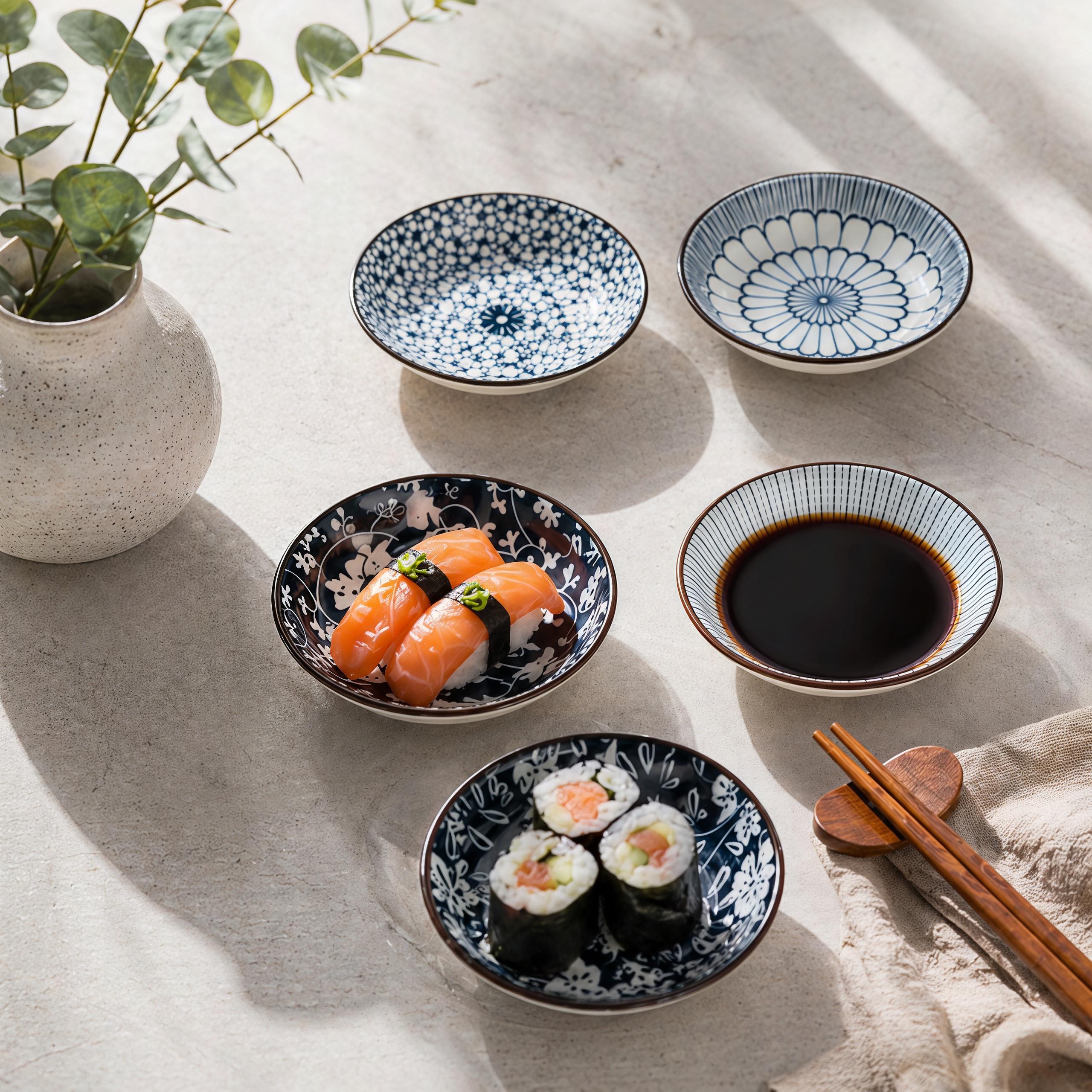 Blue & White Japanese Sauce Dishes Set of 6 | 4.1" Ceramic Dipping Bowl | Floral Pattern Dish