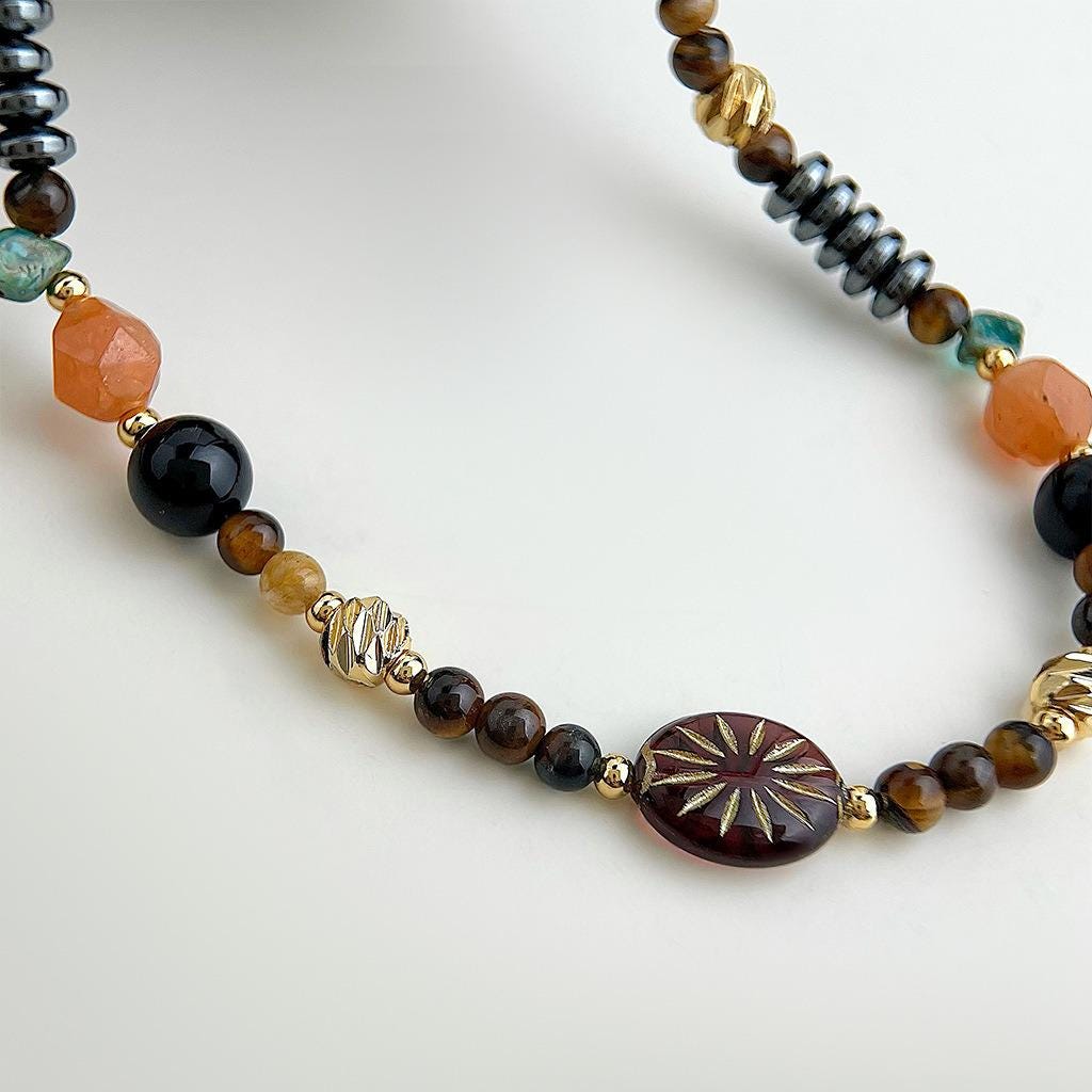 Tiger’s Eye & Black Agate Beaded Necklace – Handmade Gemstone Necklace