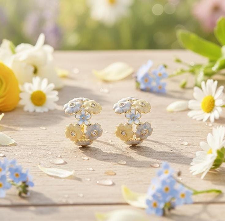 Monet’s Bouquet Earrings | Hand-Enamelled Pastel Flower Cluster Studs | Cottagecore Forget Me Not Jewelry