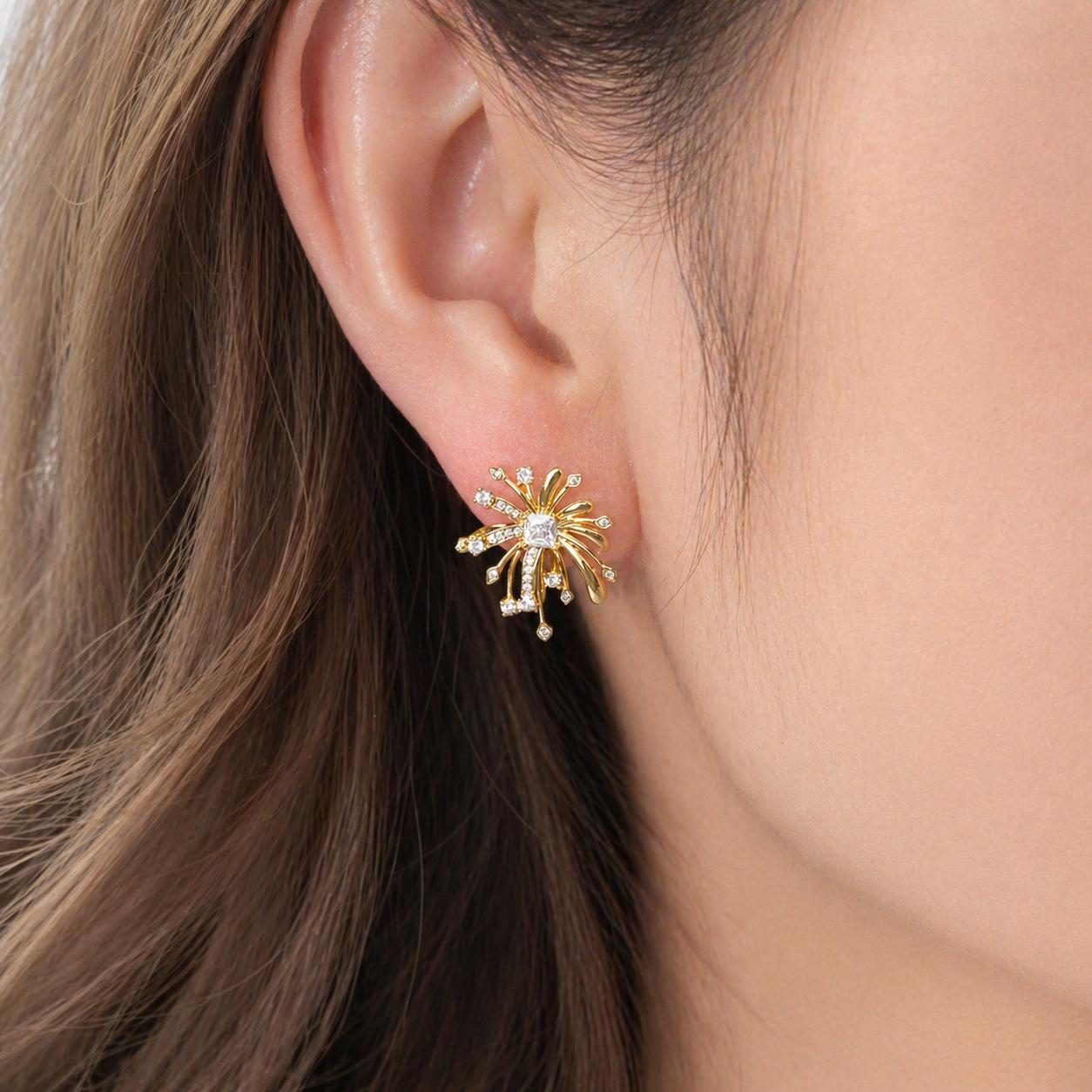 Gold Firework Stud Earrings – CZ Geometric Spark Burst Statement Earrings
