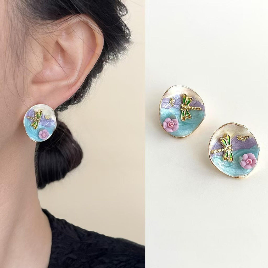Monet Dragonfly Enamel Earrings – Impressionist Dragonfly & Ceramic Rose Earrings