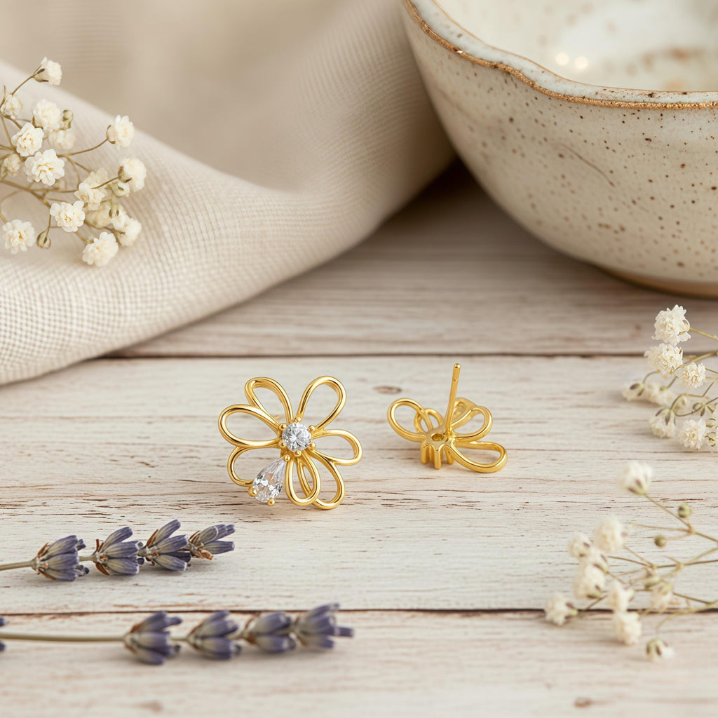 Petal Whisper Asymmetrical Flower Earrings – 18K Gold or Silver Plated with Zircon