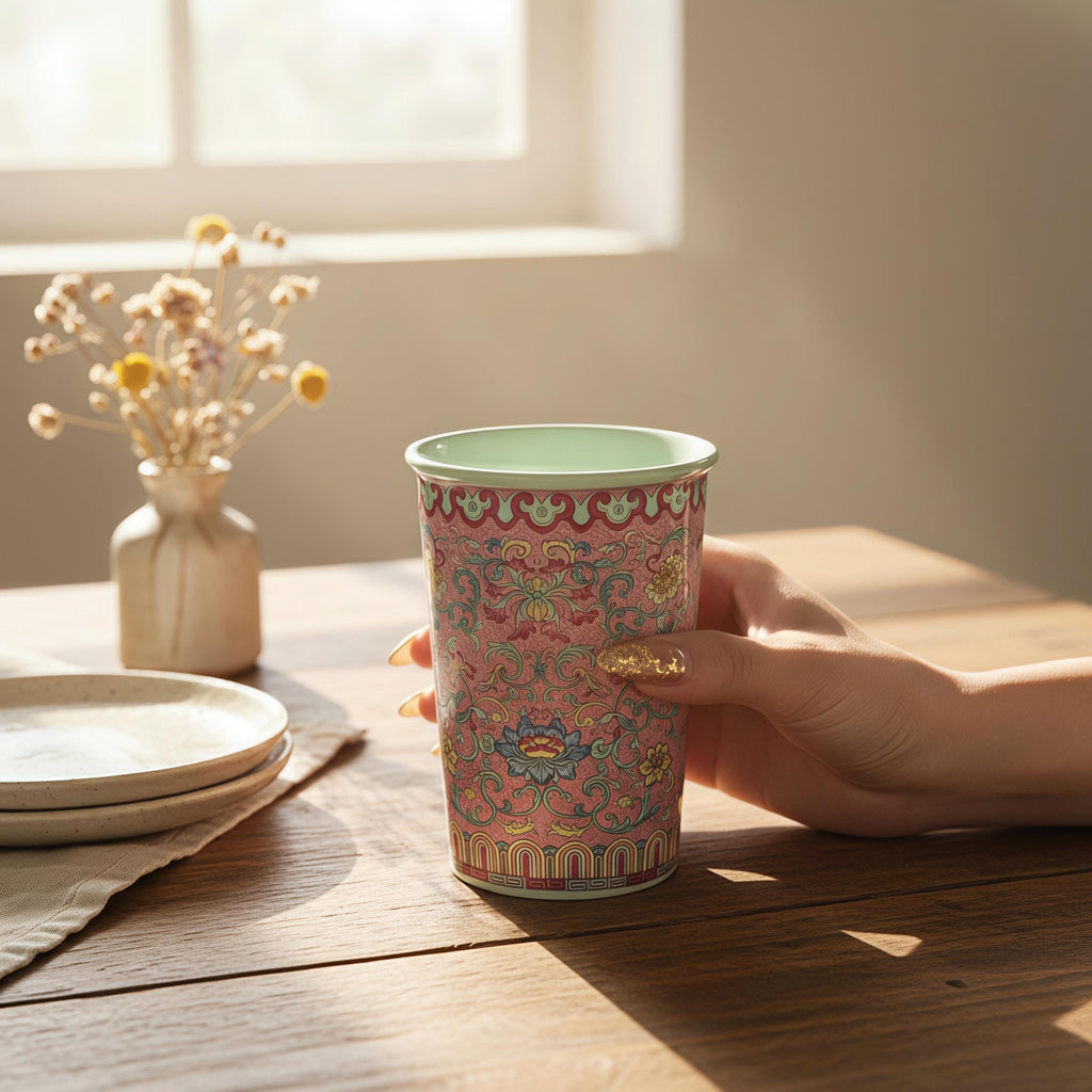 Vintage Famille Rose Ceramic Mug | Chinoiserie Floral Tea Cup