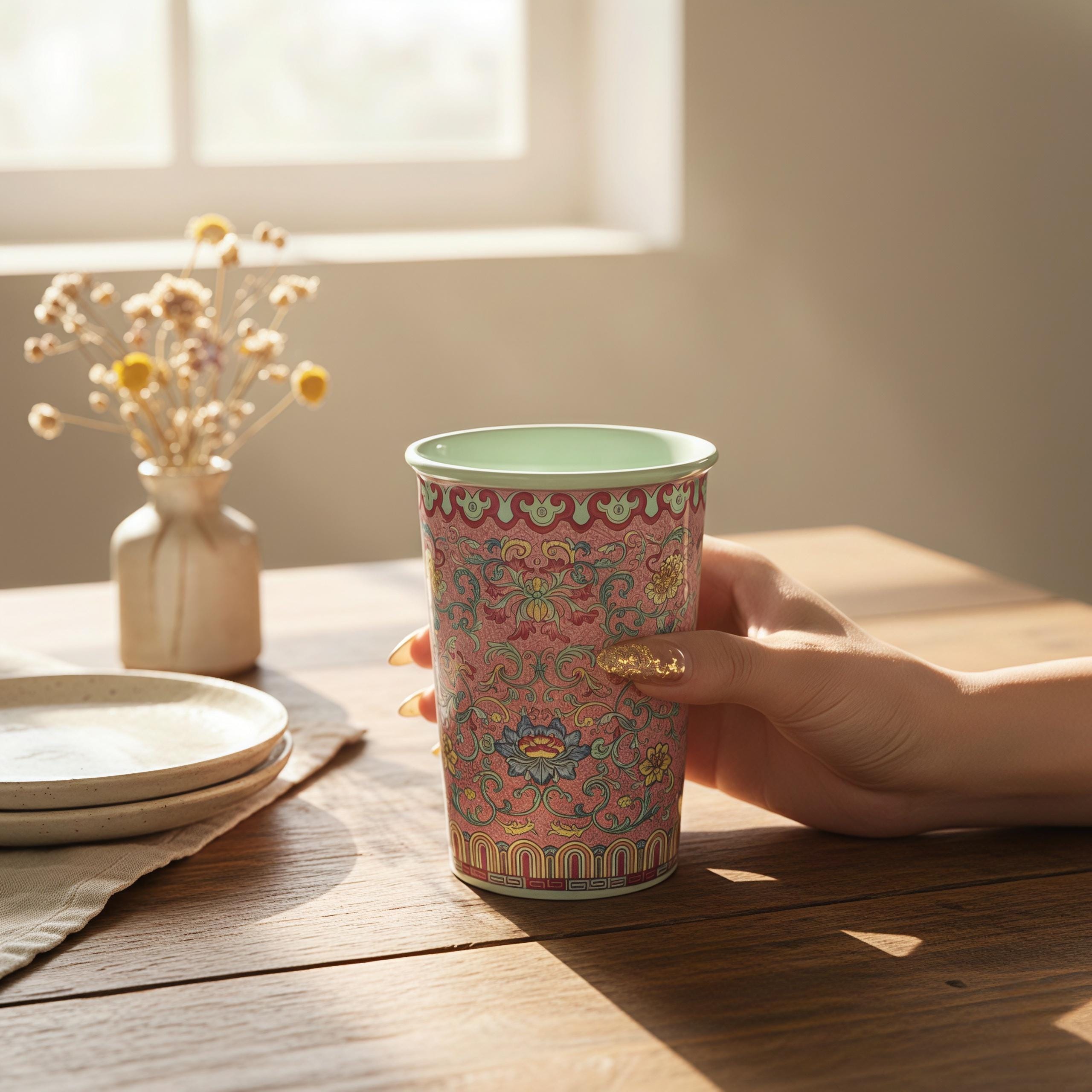 Vintage Famille Rose Ceramic Mug | Chinoiserie Floral Tea Cup