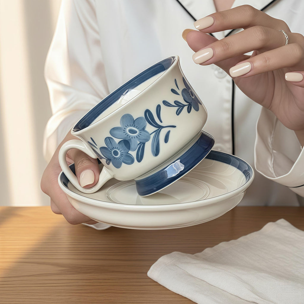 Blue Floral Ceramic Mug with Matching Coaster | Hand-Painted Folk Flower Cup Set