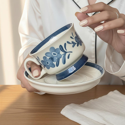 Blue Floral Ceramic Mug with Matching Coaster | Hand-Painted Folk Flower Cup Set