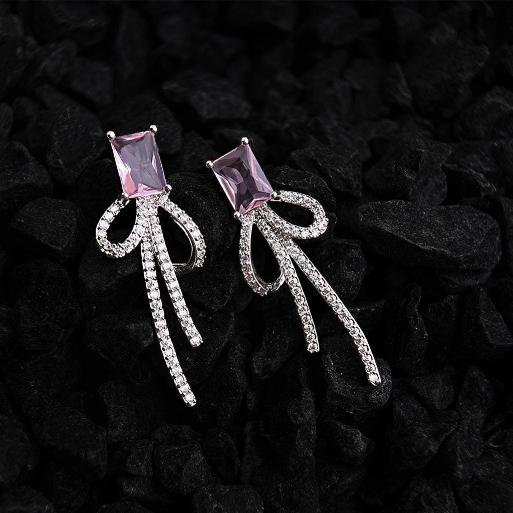 Pink Zircon Bow Earrings – Romantic Bow Drop Earrings