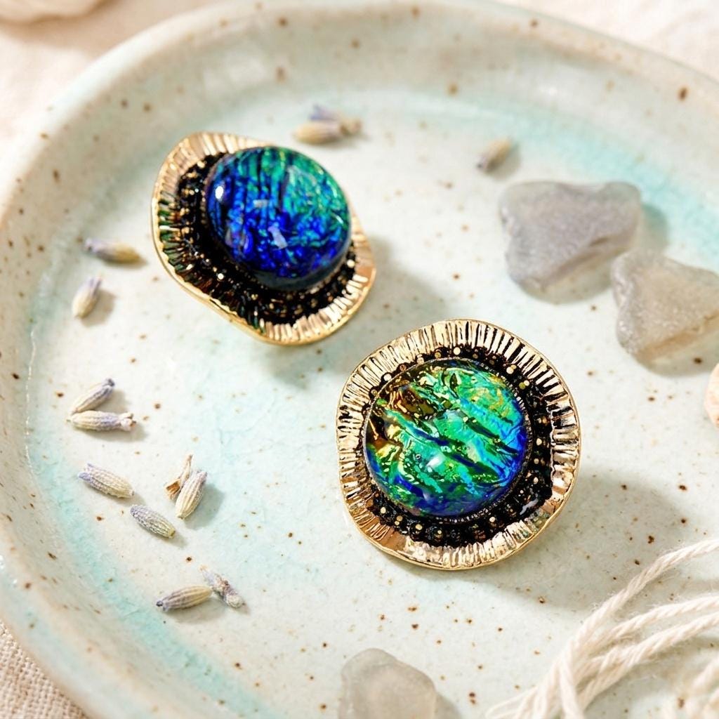 Vintage Gold Foil Glass Stud Earrings – Round Art Glass Statement Earrings