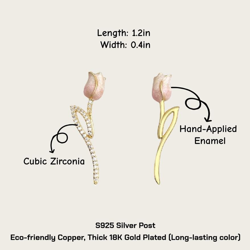 Gold Plated Pink Tulip Earrings – Asymmetrical Spring Flower Earrings