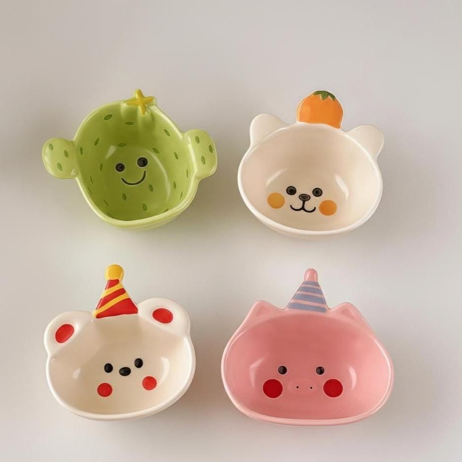 Kawaii Ceramic Snack Bowl | Cartoon Dipping Dish – Bear, Pig, Cactus & Bear | Home Decor Gift