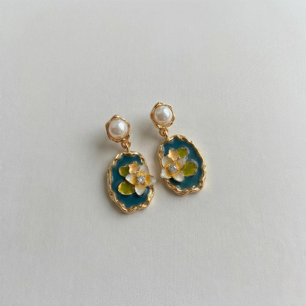 Monet Lotus Earrings – Enamel Floral Art Jewelry with Freshwater Pearl