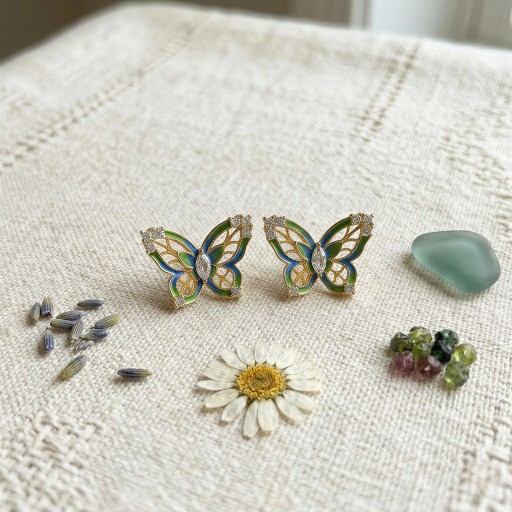 Enamel Butterfly Earrings – Vintage French Style Jewelry – Designer Gift