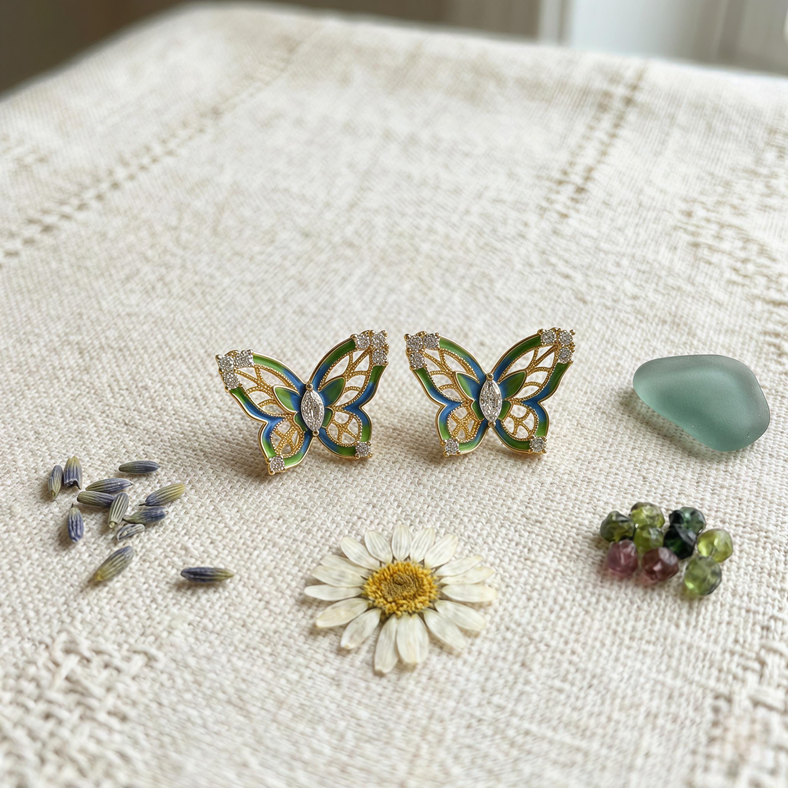Enamel Butterfly Earrings – Vintage French Style Jewelry – Designer Gift