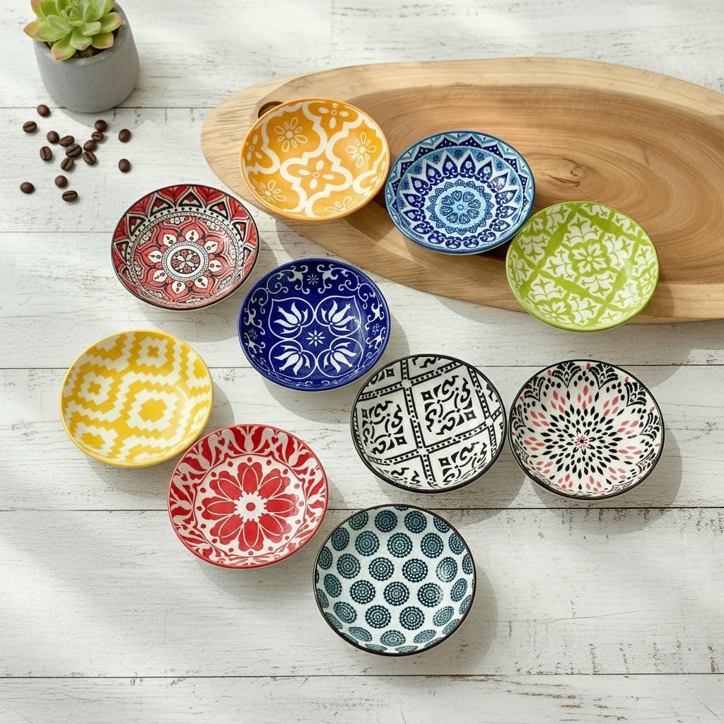 Bohemian Hand-Painted Ceramic Sauce Dish | Vintage Ethnic Dipping Bowl