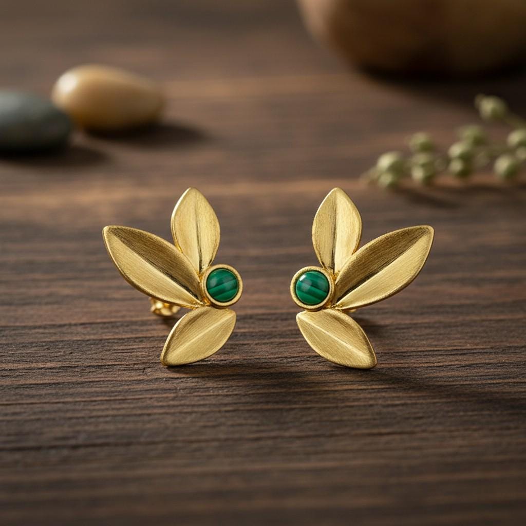 Sunlit Forest Gold Leaf Stud Earrings – 18K Gold Plated Leaf Earrings with Green Stone