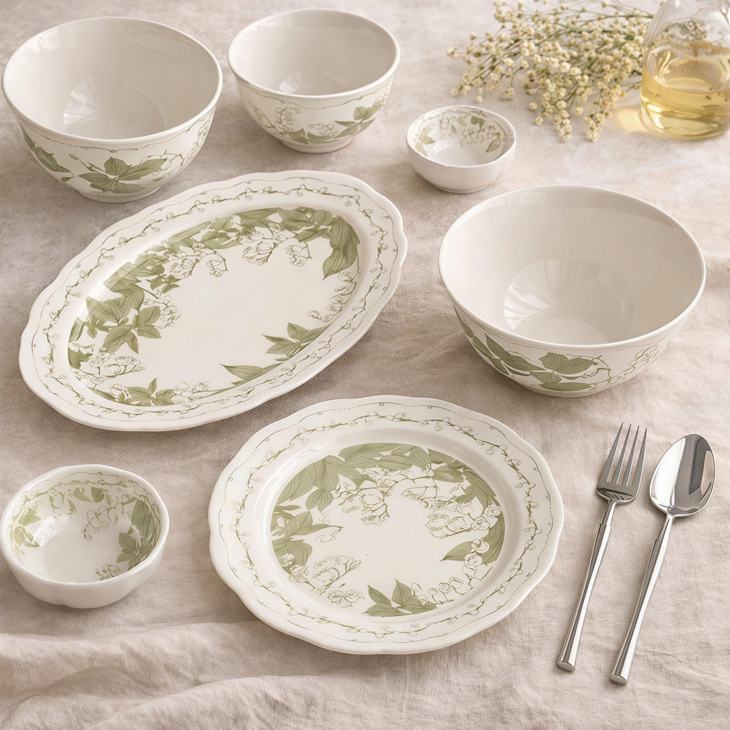 Lily of the Valley Ceramic Tableware Set | Vintage Botanical Plates & Bowls | Floral Dinnerware Set