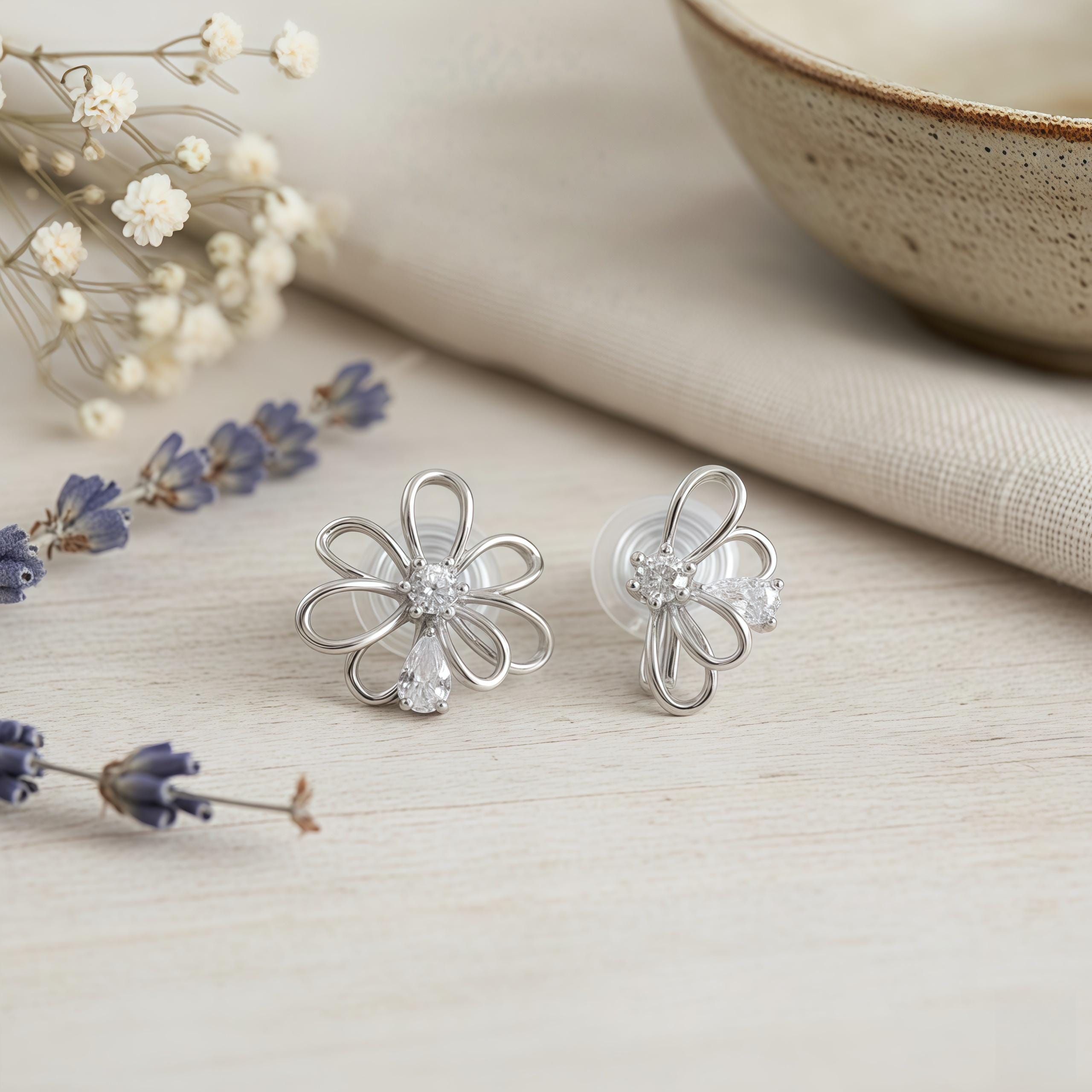 Petal Whisper Asymmetrical Flower Earrings – 18K Gold or Silver Plated with Zircon