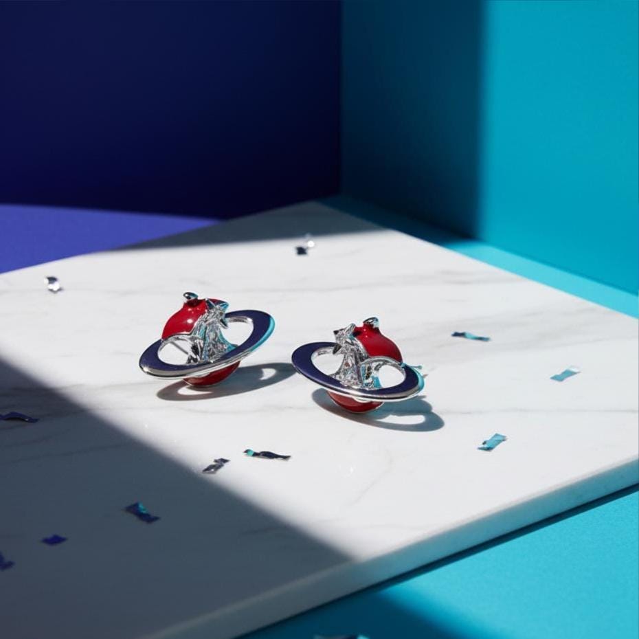 Red Enamel Apple Core Planet Earrings – Surreal Orbit Stud Earrings with CZ