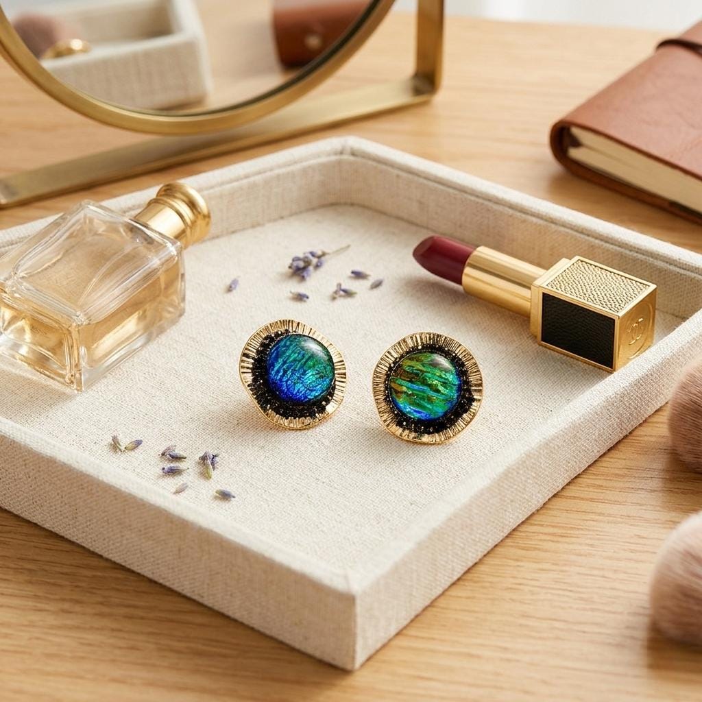Vintage Gold Foil Glass Stud Earrings – Round Art Glass Statement Earrings