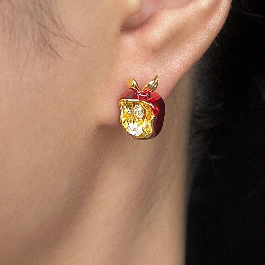 Forbidden Apple Earrings – Red Enamel Apple Stud Earrings with Zircon
