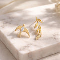 Asymmetrical Swallow & Olive Branch Earrings – 18K Gold Plated Bird Earrings with CZ