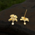 Ginkgo Leaf Pearl Earrings – 18K Gold Plated Nature-Inspired Earrings