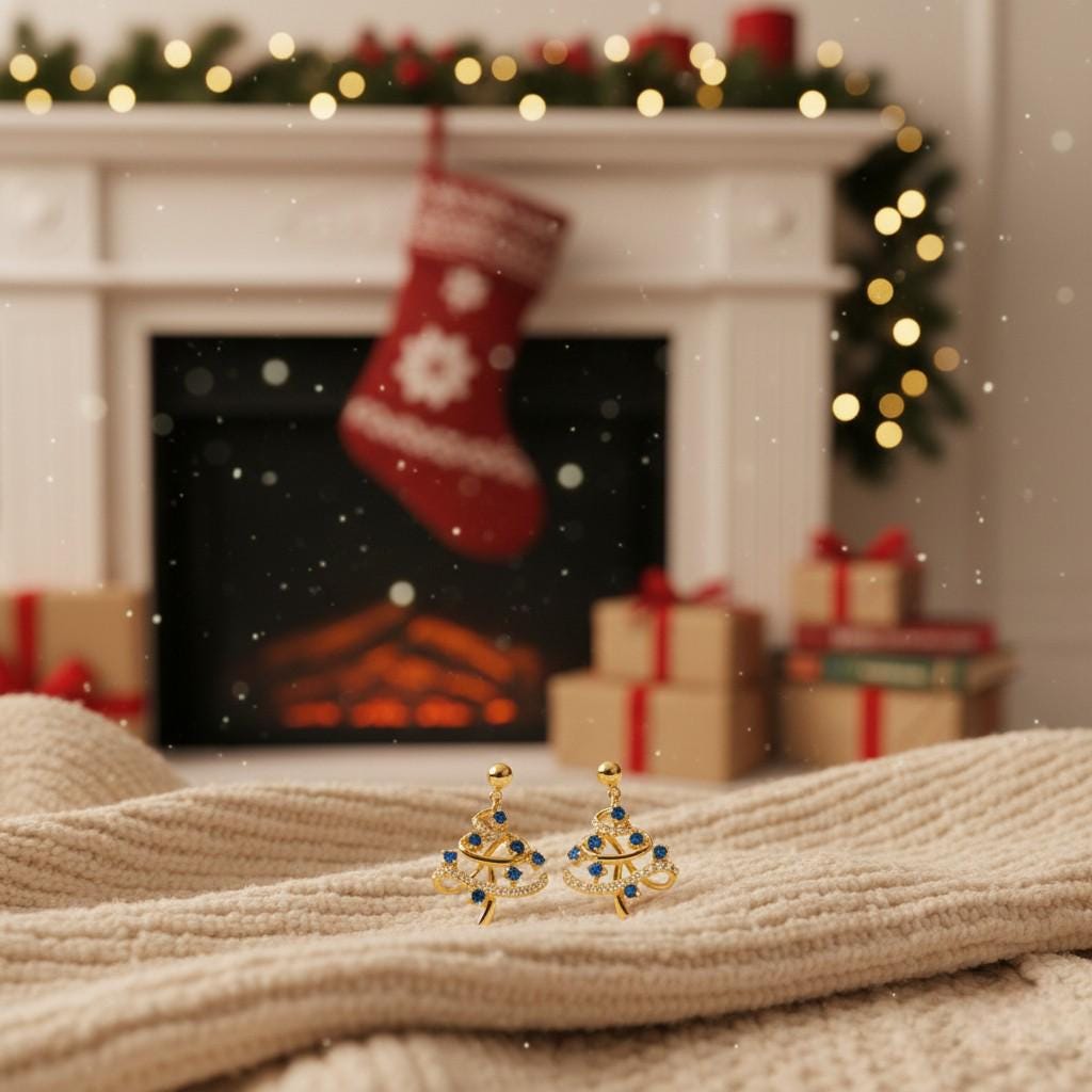 Christmas Tree Earrings – Gold Plated Holiday Earrings with Blue Zircon